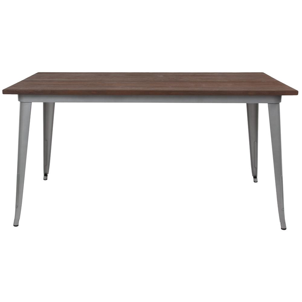 30.25" x 60" Rectangular Silver Metal Indoor Table with Walnut Rustic Wood Top. Picture 2