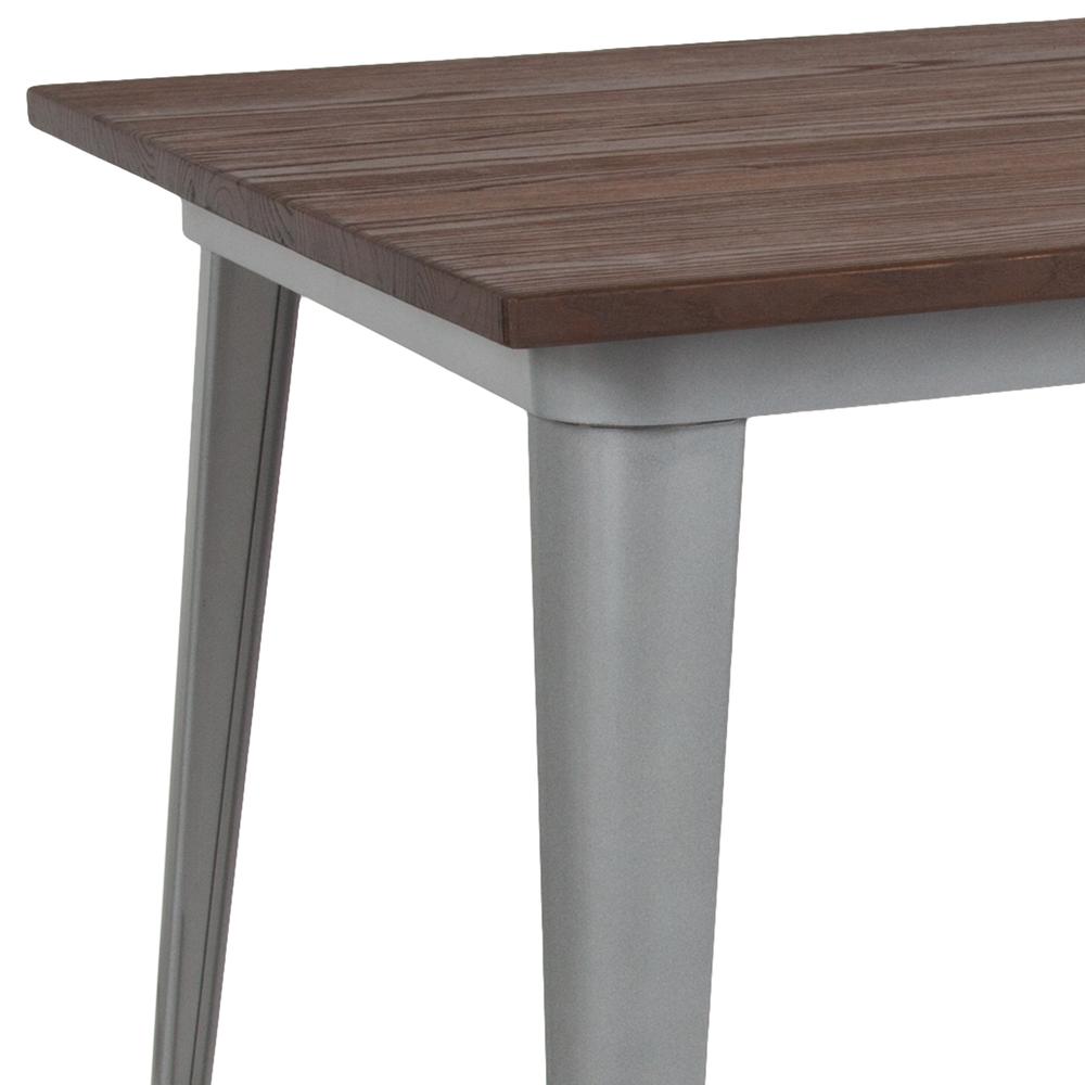 30.25" x 60" Rectangular Silver Metal Indoor Table with Walnut Rustic Wood Top. Picture 3