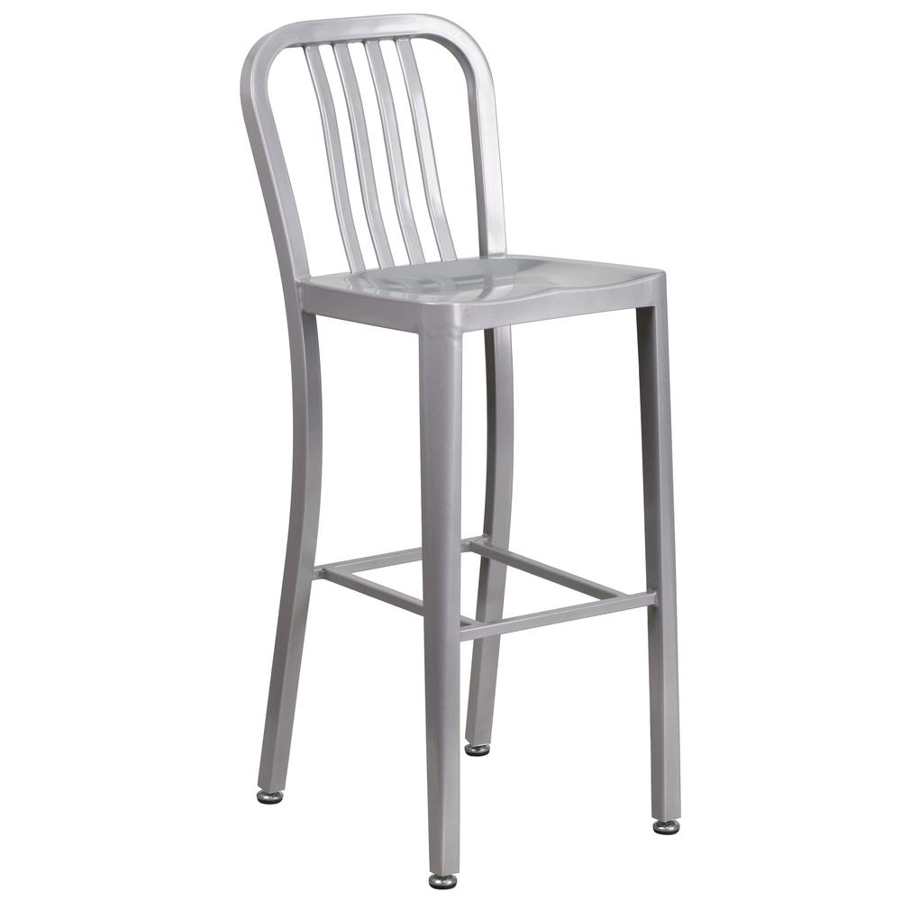 Commercial Grade 30" High Silver Metal Indoor-Outdoor Barstool with Vertical Slat Back. Picture 1