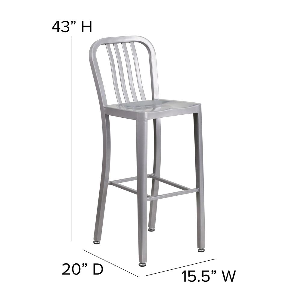 Commercial Grade 30" High Silver Metal Indoor-Outdoor Barstool with Vertical Slat Back. Picture 2