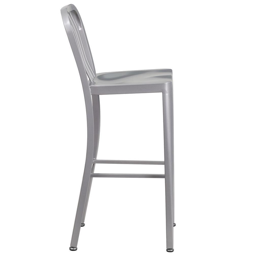 Commercial Grade 30" High Silver Metal Indoor-Outdoor Barstool with Vertical Slat Back. Picture 3