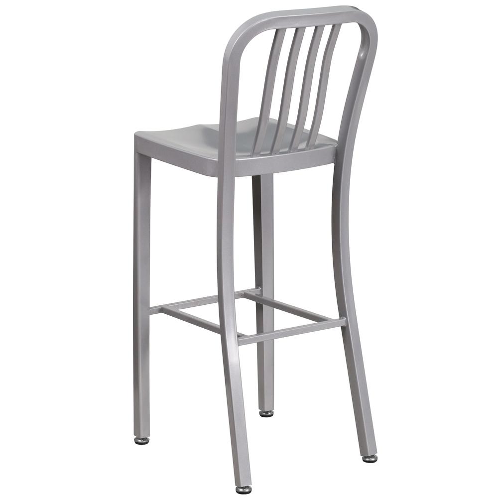 Commercial Grade 30" High Silver Metal Indoor-Outdoor Barstool with Vertical Slat Back. Picture 4