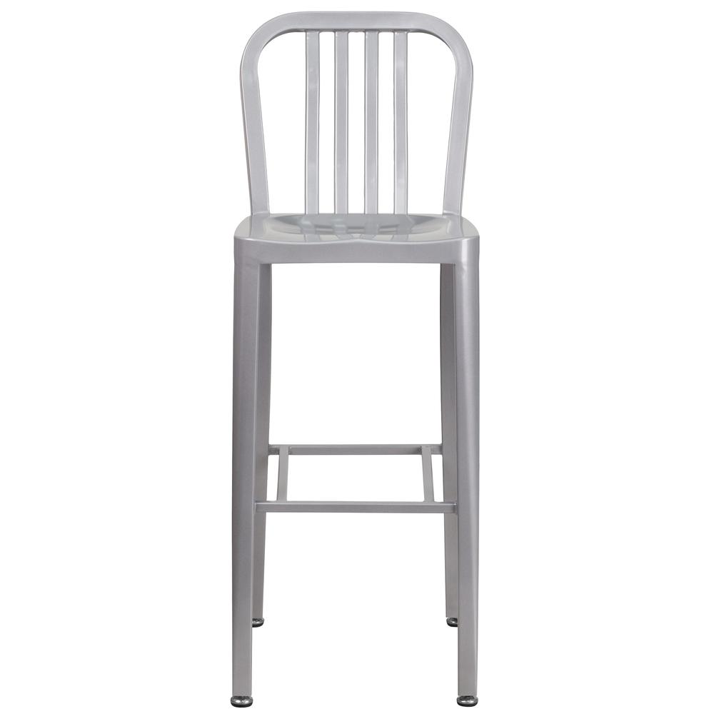 Commercial Grade 30" High Silver Metal Indoor-Outdoor Barstool with Vertical Slat Back. Picture 5