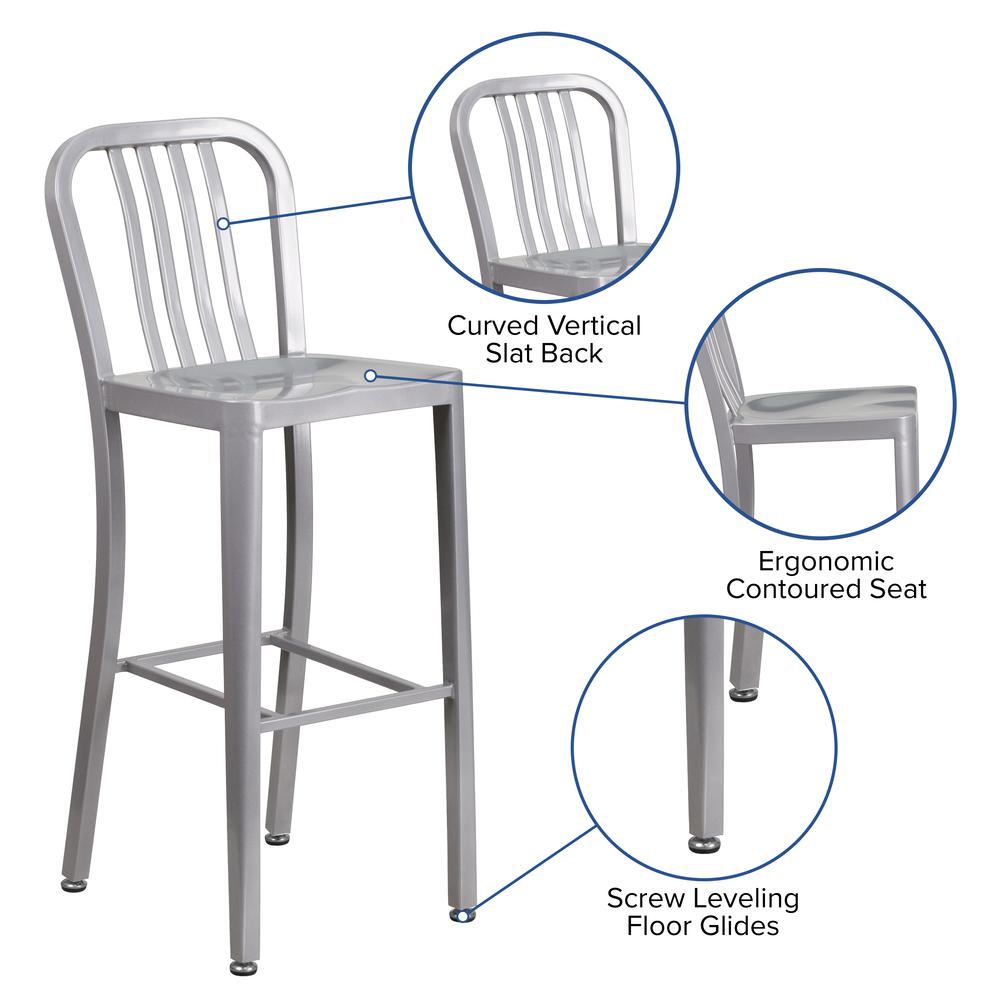 Commercial Grade 30" High Silver Metal Indoor-Outdoor Barstool with Vertical Slat Back. Picture 6