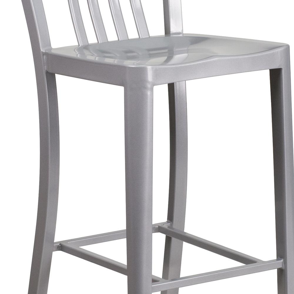 Commercial Grade 30" High Silver Metal Indoor-Outdoor Barstool with Vertical Slat Back. Picture 7