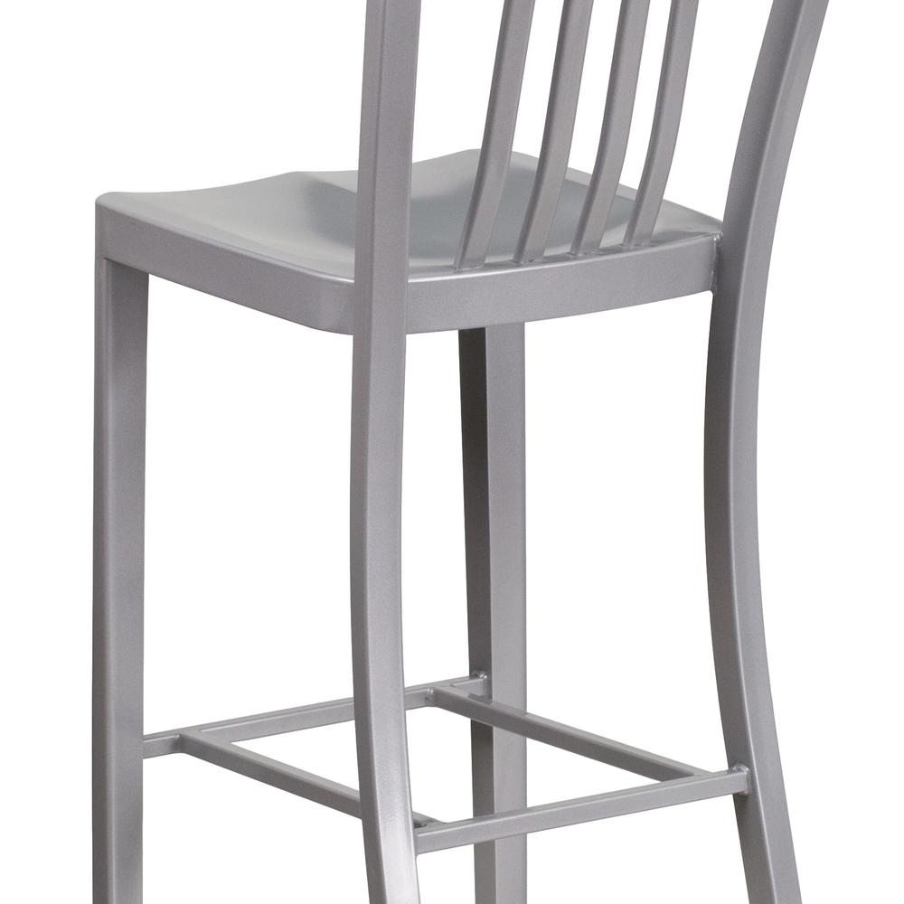 Commercial Grade 30" High Silver Metal Indoor-Outdoor Barstool with Vertical Slat Back. Picture 8