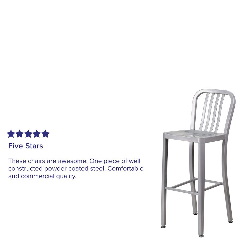 Commercial Grade 30" High Silver Metal Indoor-Outdoor Barstool with Vertical Slat Back. Picture 10