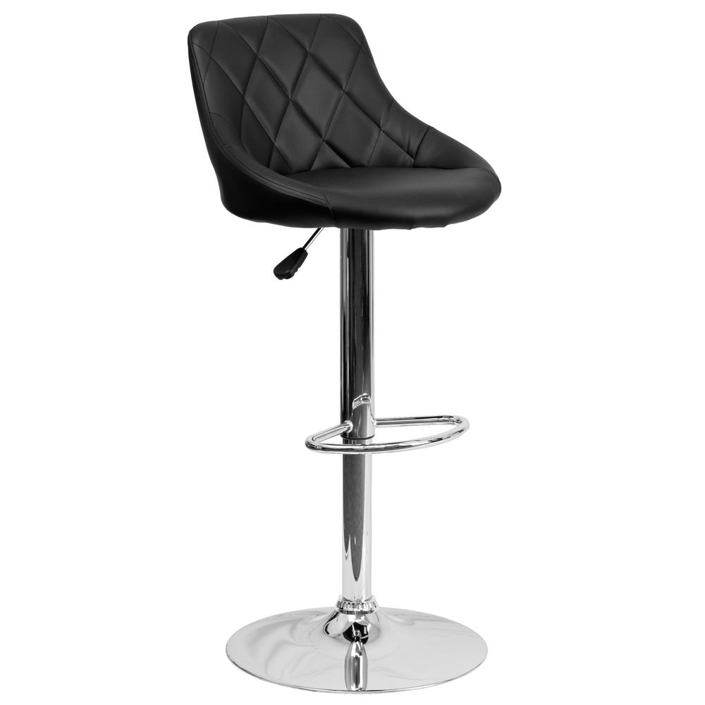 Contemporary Black Vinyl Bucket Seat Adjustable Height Barstool with Diamond Pattern Back and Chrome Base. Picture 1
