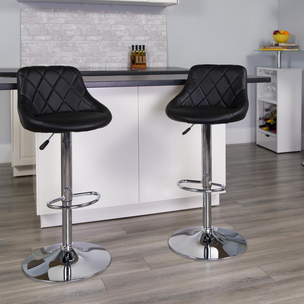 Contemporary Black Vinyl Bucket Seat Adjustable Height Barstool with Diamond Pattern Back and Chrome Base. Picture 8
