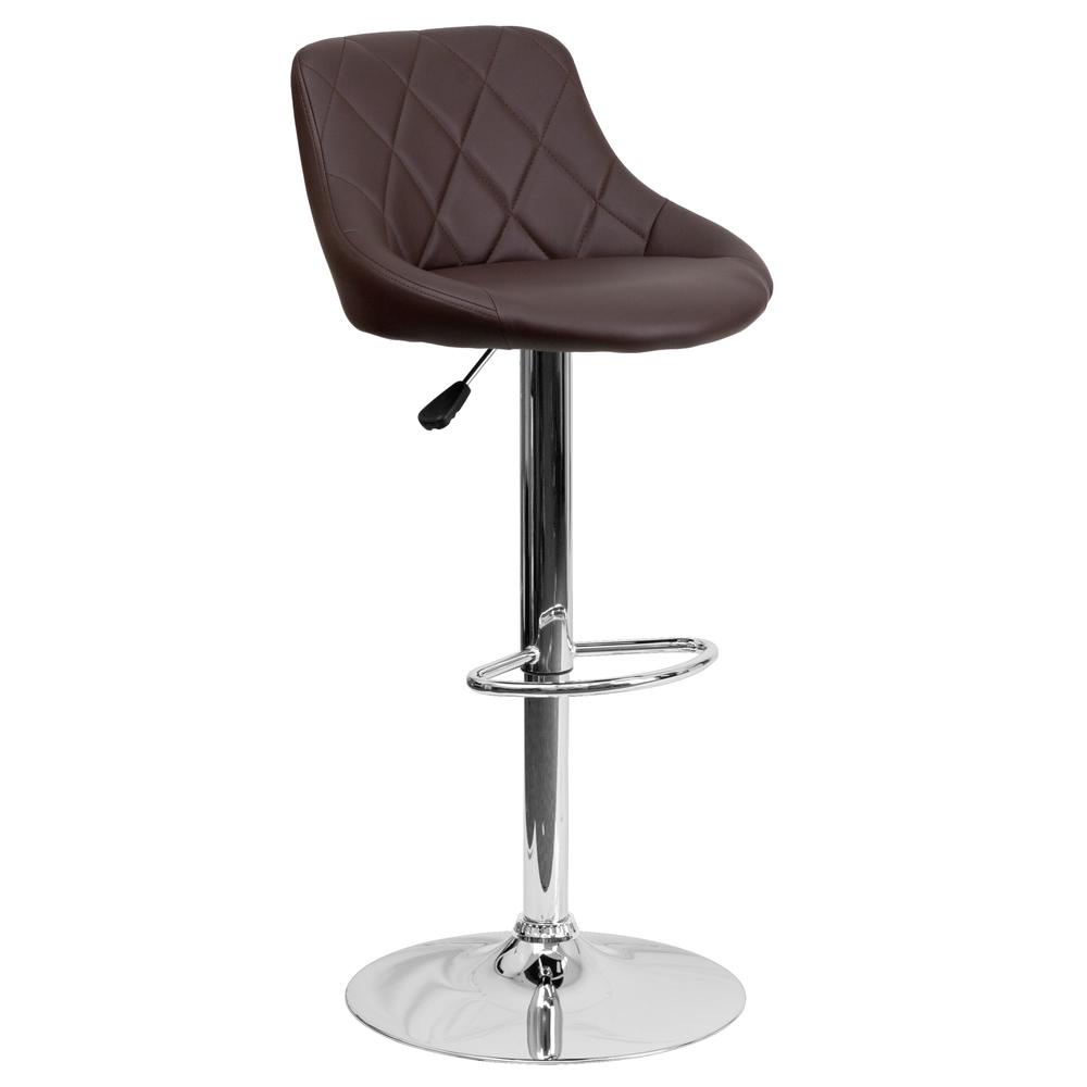 Contemporary Brown Vinyl Bucket Seat Adjustable Height Barstool with Diamond Pattern Back and Chrome Base. Picture 1