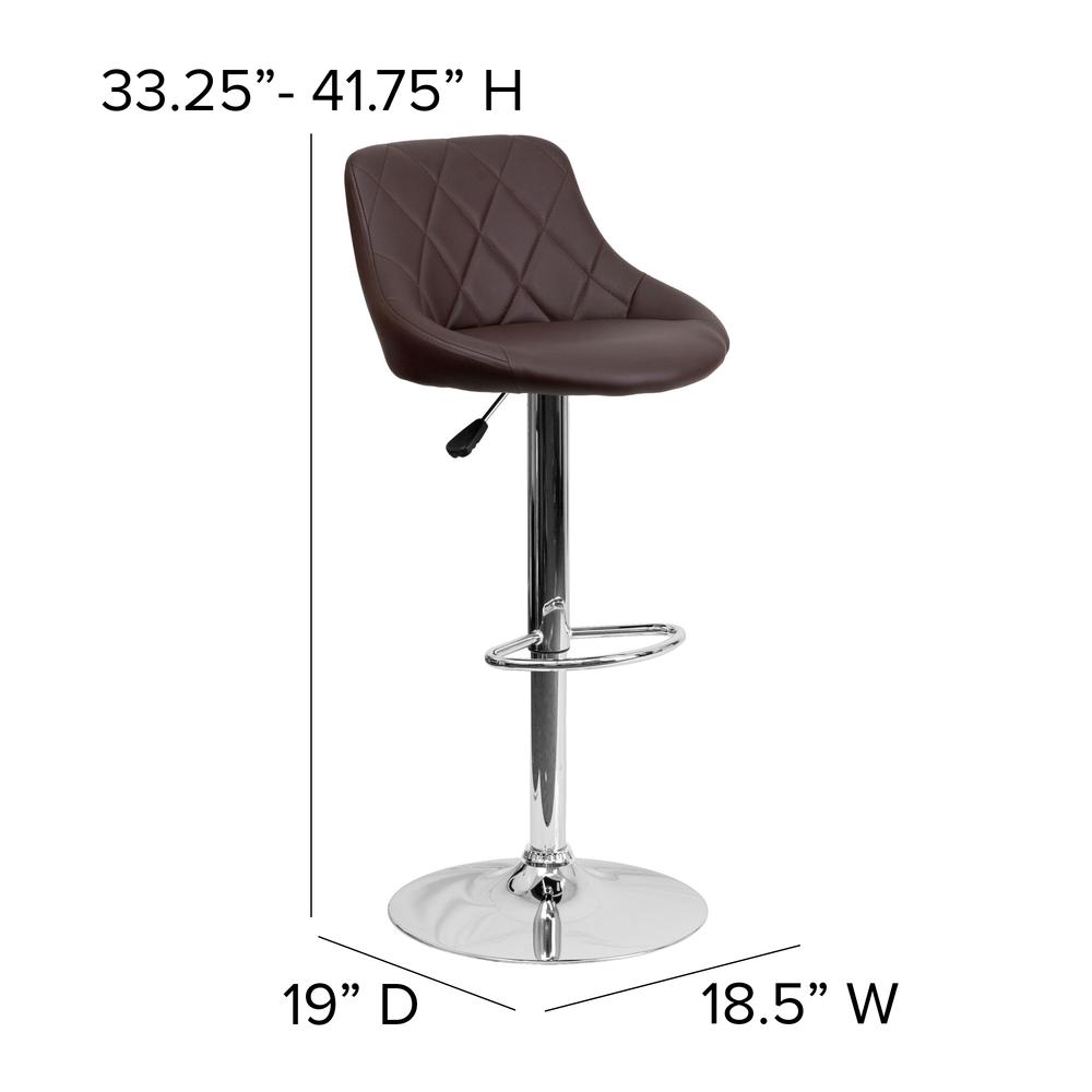 Contemporary Brown Vinyl Bucket Seat Adjustable Height Barstool with Diamond Pattern Back and Chrome Base. Picture 2