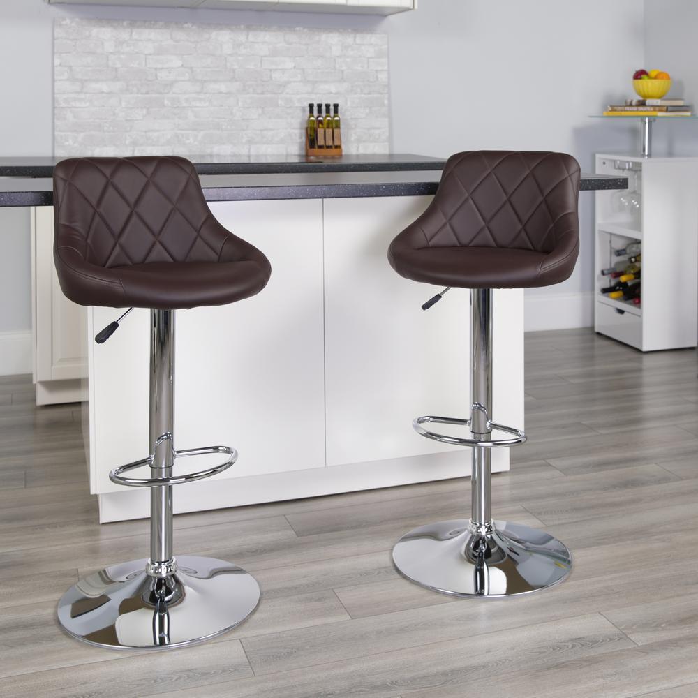 Contemporary Brown Vinyl Bucket Seat Adjustable Height Barstool with Diamond Pattern Back and Chrome Base. Picture 6