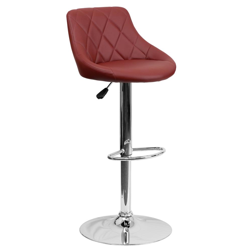 Contemporary Burgundy Vinyl Bucket Seat Adjustable Height Barstool with Diamond Pattern Back and Chrome Base. Picture 1
