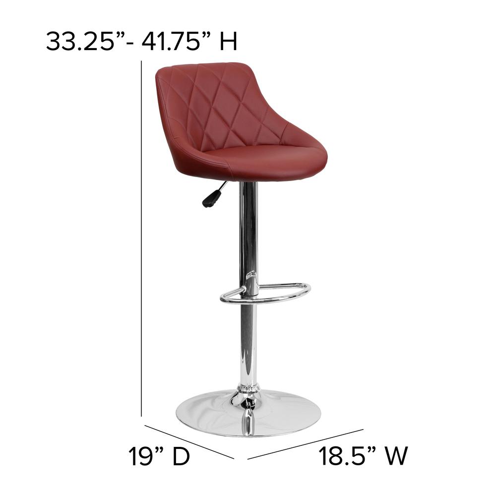 Contemporary Burgundy Vinyl Bucket Seat Adjustable Height Barstool with Diamond Pattern Back and Chrome Base. Picture 2