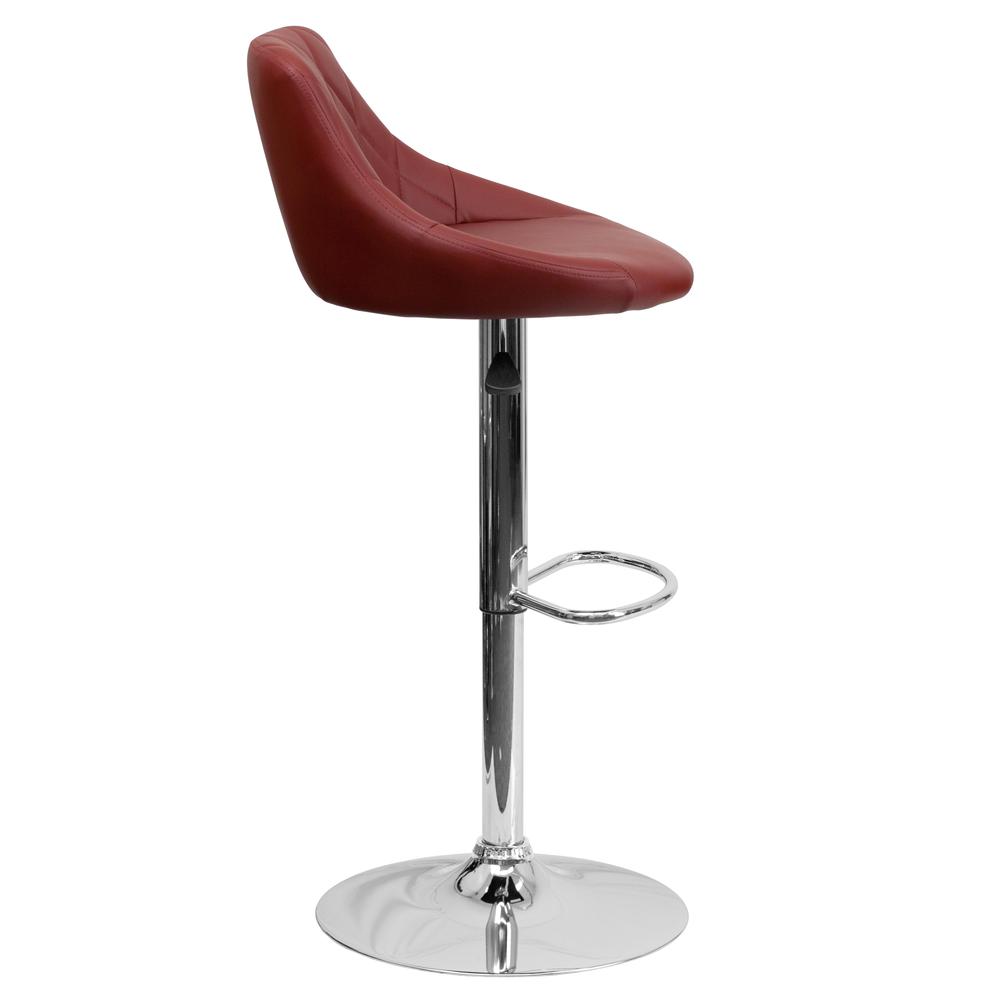 Contemporary Burgundy Vinyl Bucket Seat Adjustable Height Barstool with Diamond Pattern Back and Chrome Base. Picture 3