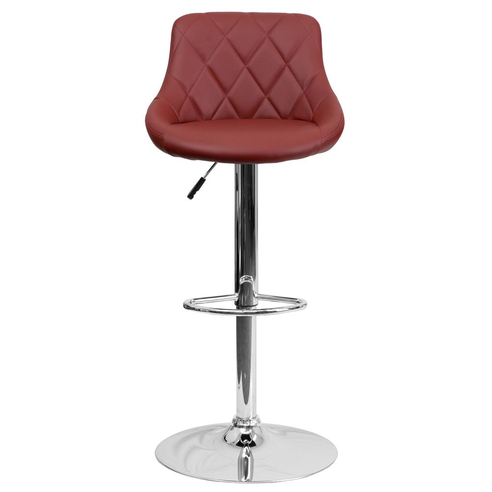 Contemporary Burgundy Vinyl Bucket Seat Adjustable Height Barstool with Diamond Pattern Back and Chrome Base. Picture 5