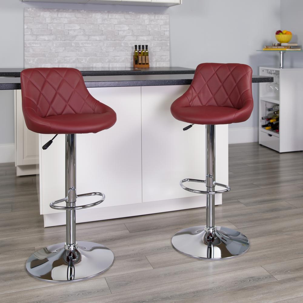 Contemporary Burgundy Vinyl Bucket Seat Adjustable Height Barstool with Diamond Pattern Back and Chrome Base. Picture 6