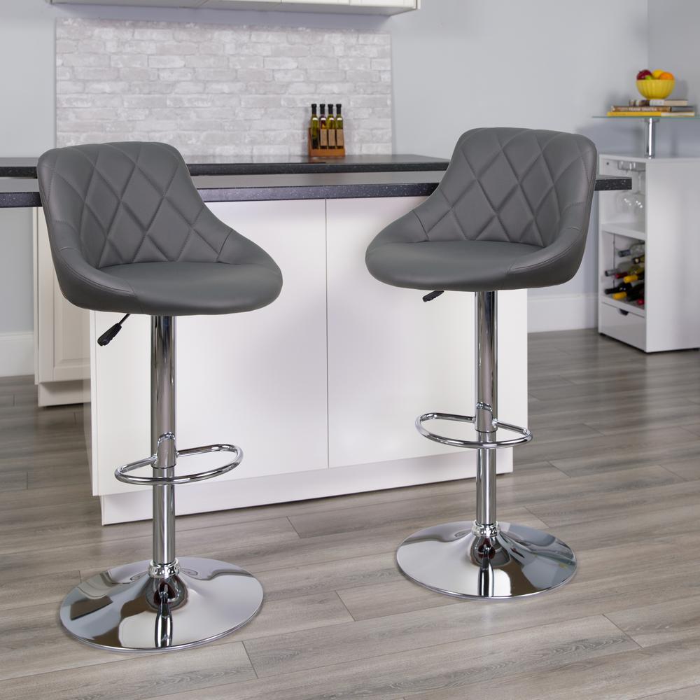 Contemporary Gray Vinyl Bucket Seat Adjustable Height Barstool with Chrome Base. Picture 5