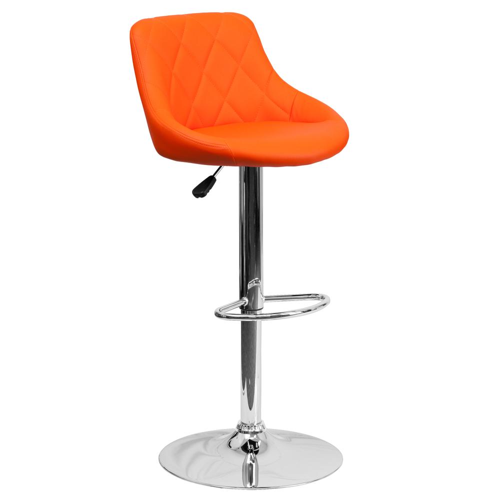 Contemporary Orange Vinyl Bucket Seat Adjustable Height Barstool with Diamond Pattern Back and Chrome Base. Picture 1