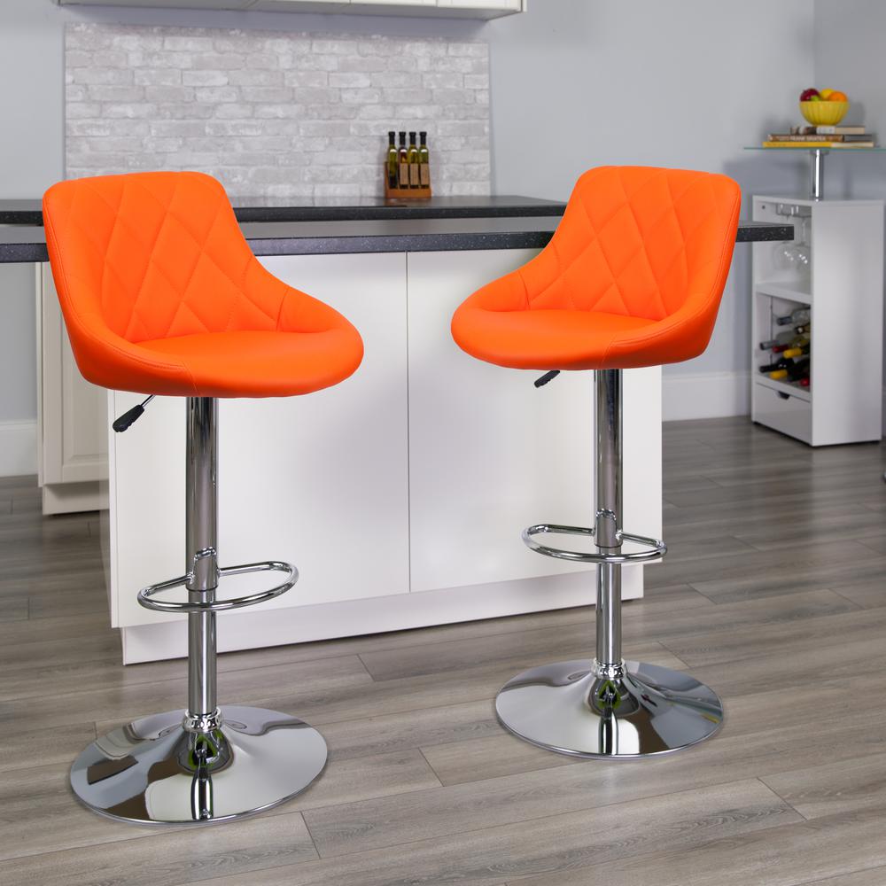 Contemporary Orange Vinyl Bucket Seat Adjustable Height Barstool with Diamond Pattern Back and Chrome Base. Picture 5