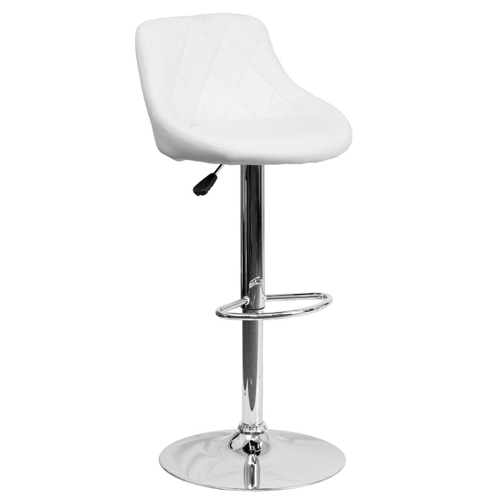 Contemporary White Vinyl Bucket Seat Adjustable Height Barstool with Diamond Pattern Back and Chrome Base. Picture 1