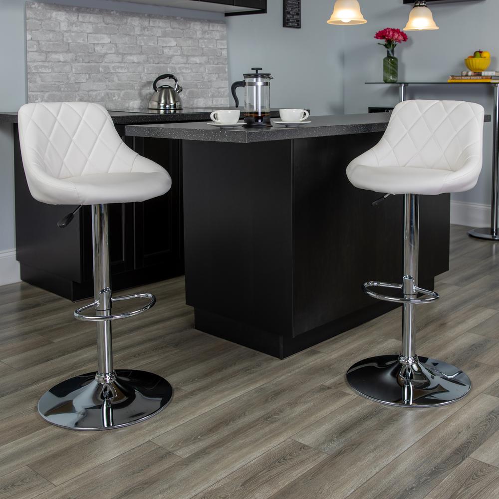 Contemporary White Vinyl Bucket Seat Adjustable Height Barstool with Diamond Pattern Back and Chrome Base. Picture 6
