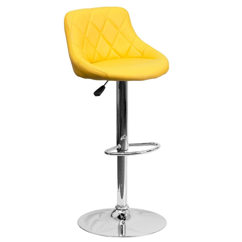 Contemporary Yellow Vinyl Bucket Seat Adjustable Height Barstool with Diamond Pattern Back and Chrome Base. Picture 1