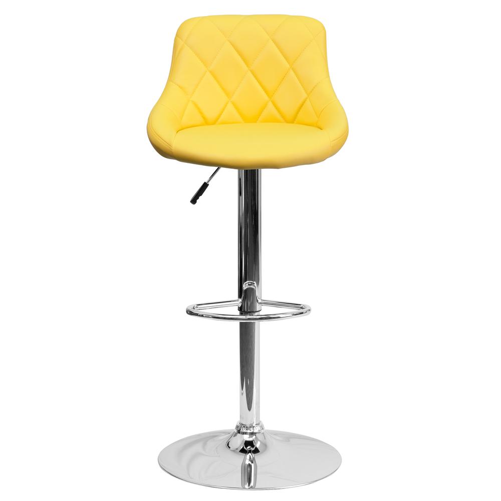 Contemporary Yellow Vinyl Bucket Seat Adjustable Height Barstool with Diamond Pattern Back and Chrome Base. Picture 4