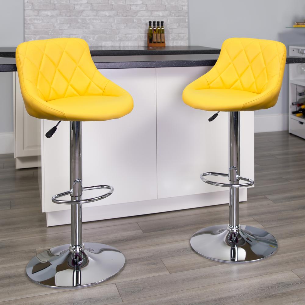 Contemporary Yellow Vinyl Bucket Seat Adjustable Height Barstool with Diamond Pattern Back and Chrome Base. Picture 5