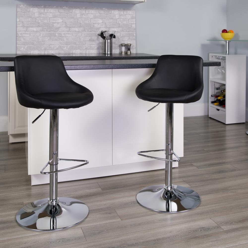 Contemporary Black Vinyl Bucket Seat Adjustable Height Barstool with Chrome Base. Picture 5