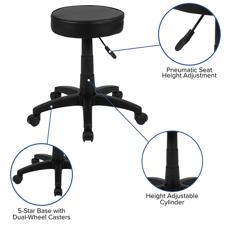 Black Adjustable Doctors Stool on Wheels with Ergonomic Molded Seat. Picture 4