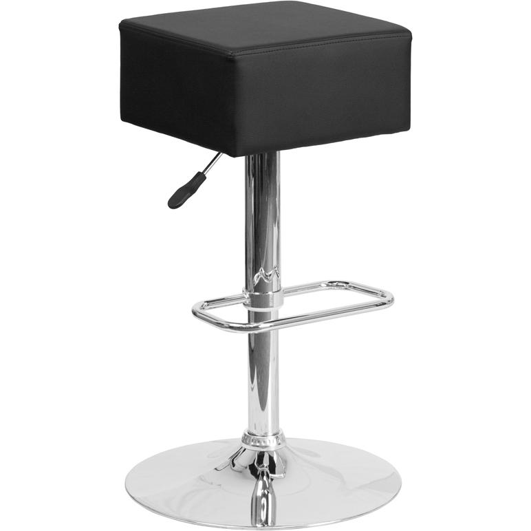 Contemporary Black Vinyl Adjustable Height Barstool with Square Seat and Chrome Base. The main picture.