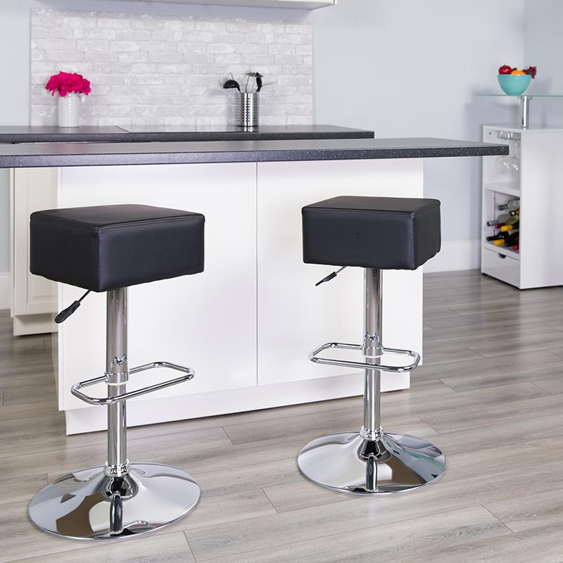 Contemporary Black Vinyl Adjustable Height Barstool with Square Seat and Chrome Base. Picture 2