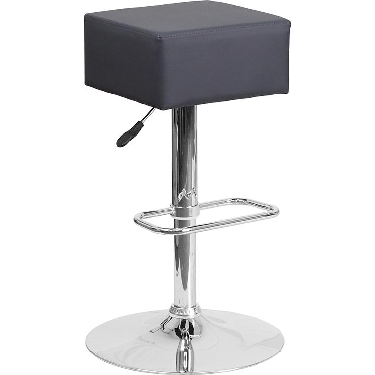 Contemporary Gray Vinyl Adjustable Height Barstool with Square Seat and Chrome Base. The main picture.
