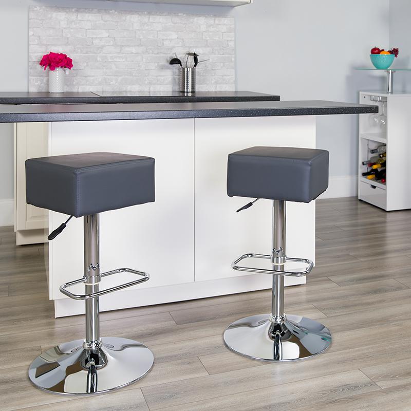 Contemporary Gray Vinyl Adjustable Height Barstool with Square Seat and Chrome Base. Picture 2