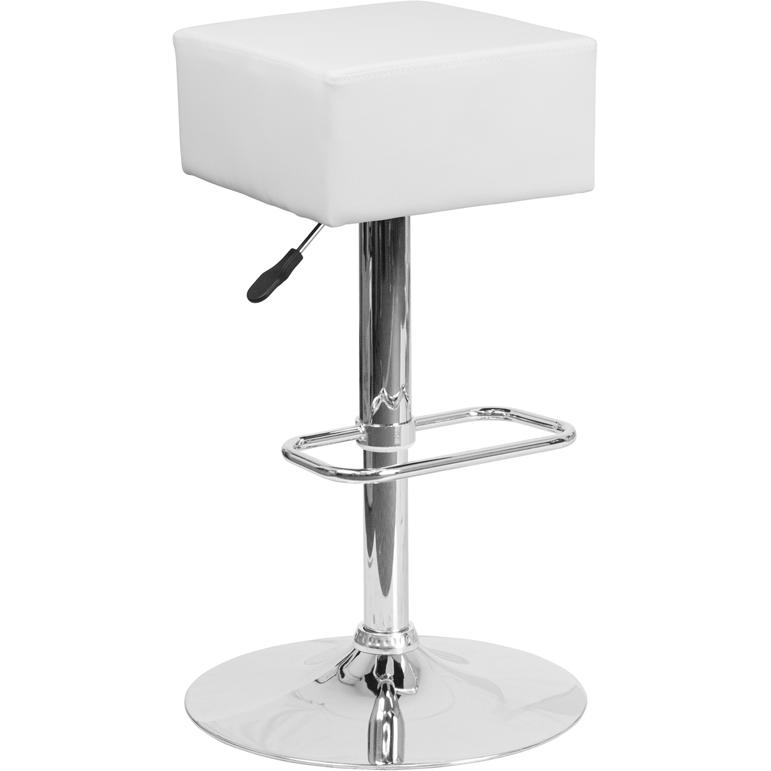 Contemporary White Vinyl Adjustable Height Barstool with Square Seat and Chrome Base. Picture 2