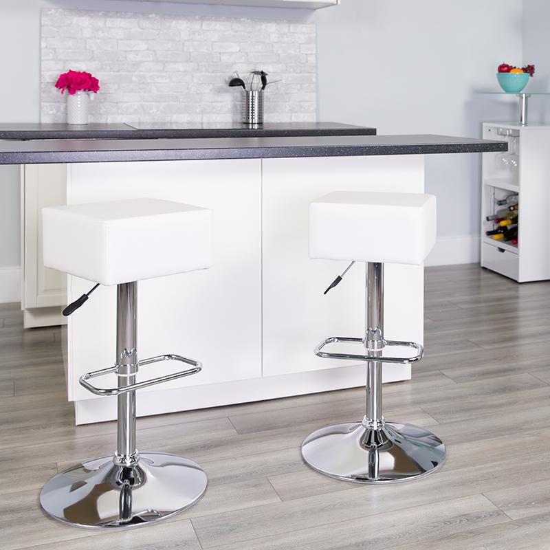 Contemporary White Vinyl Adjustable Height Barstool with Square Seat and Chrome Base. Picture 1