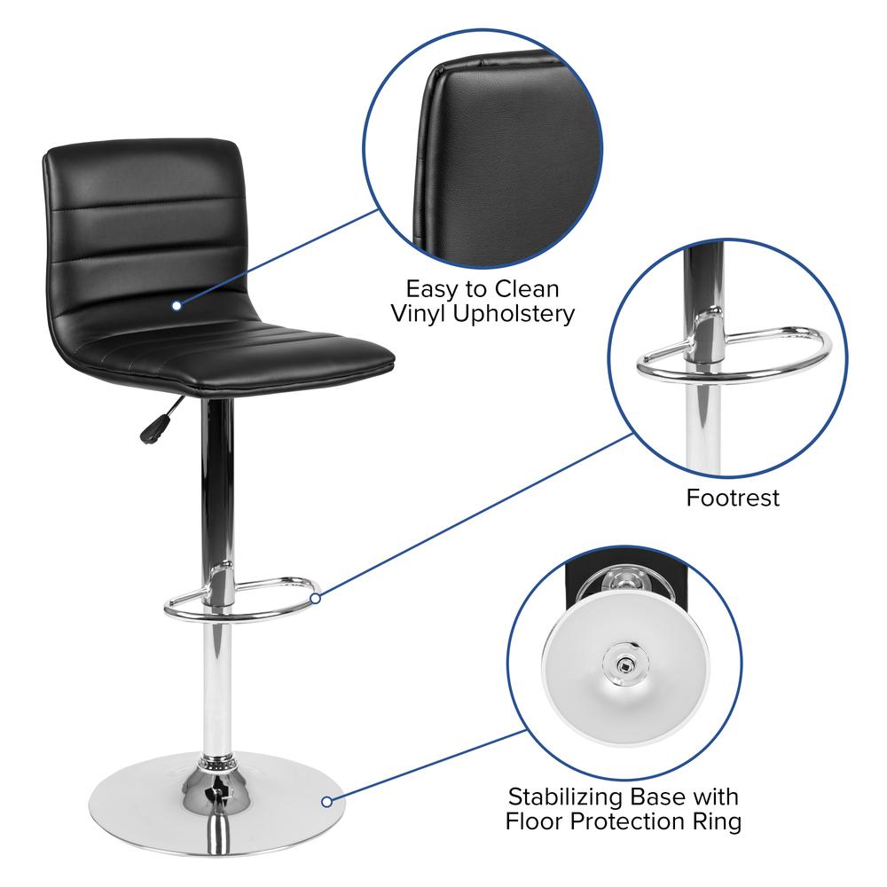 Modern Black Vinyl Adjustable Bar Stool with Back, Counter Height Swivel Stool with Chrome Pedestal Base. Picture 6
