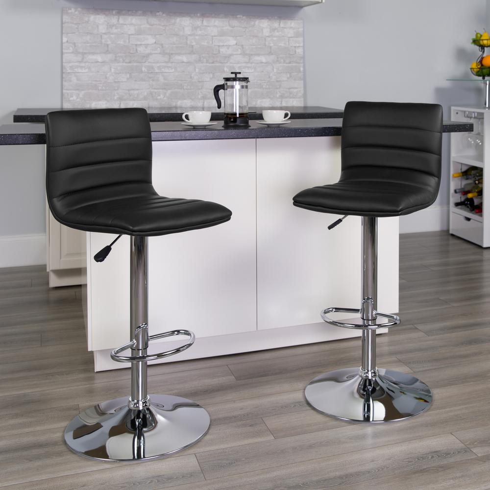 Modern Black Vinyl Adjustable Bar Stool with Back, Counter Height Swivel Stool with Chrome Pedestal Base. Picture 11
