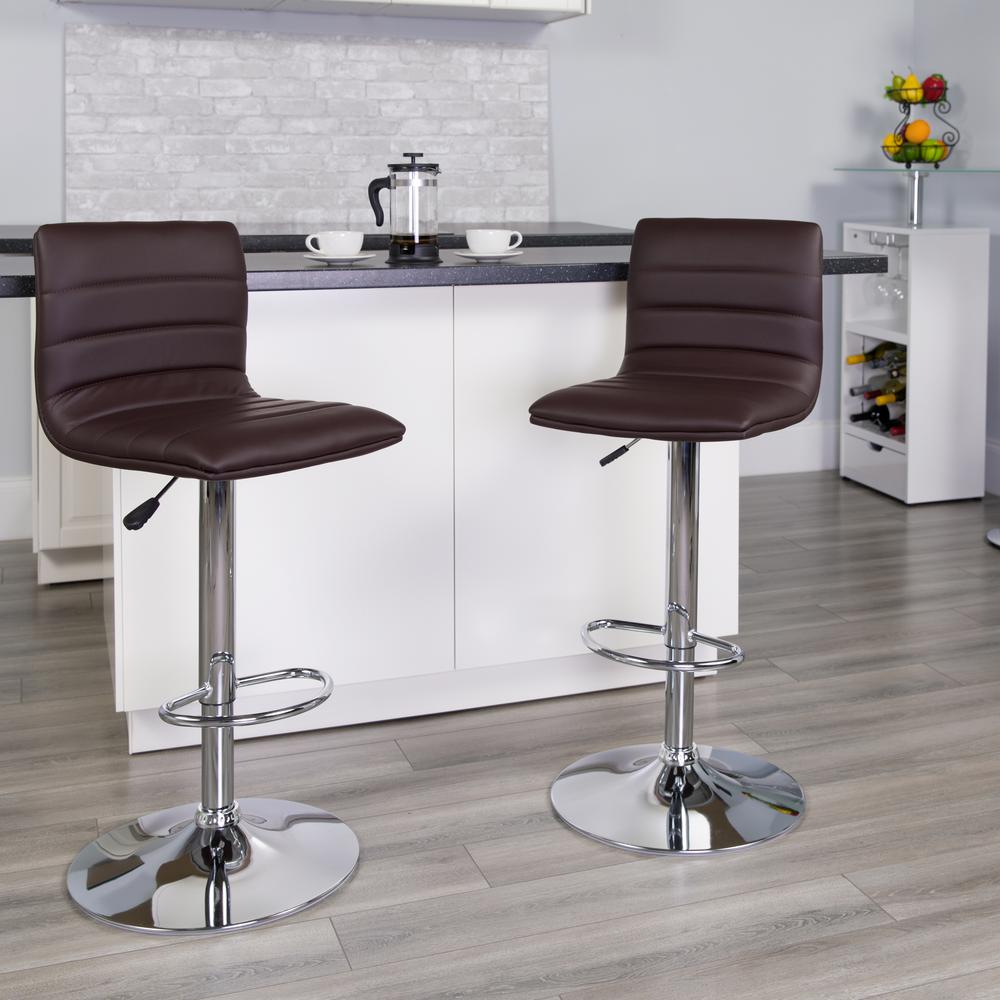 Modern Brown Vinyl Adjustable Bar Stool with Back, Counter Height Swivel Stool with Chrome Pedestal Base. Picture 8