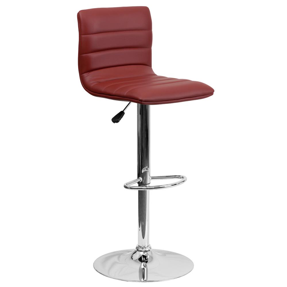 Modern Burgundy Vinyl Adjustable Bar Stool with Back, Counter Height Swivel Stool with Chrome Pedestal Base. The main picture.