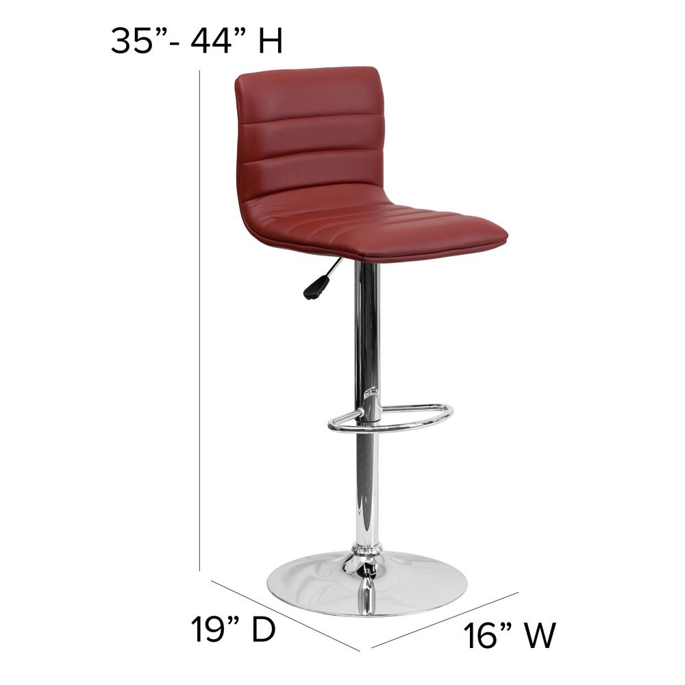 Modern Burgundy Vinyl Adjustable Bar Stool with Back, Counter Height Swivel Stool with Chrome Pedestal Base. Picture 2