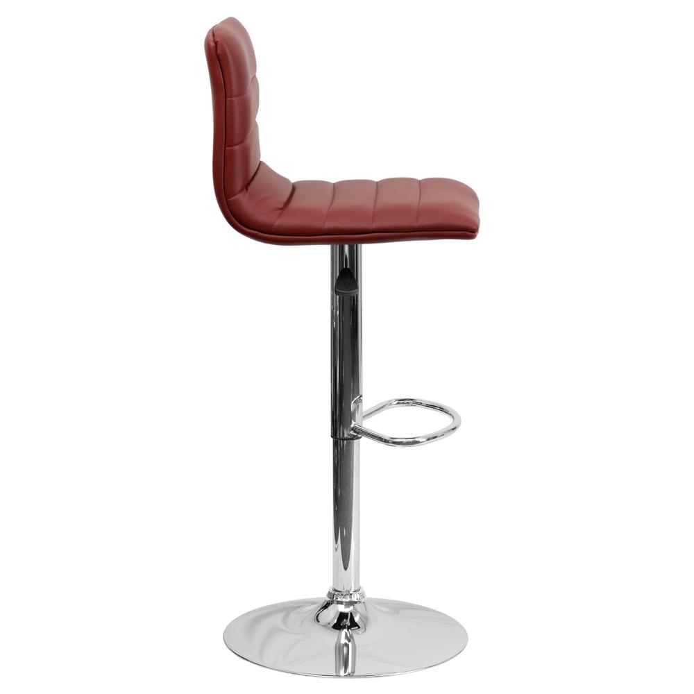 Modern Burgundy Vinyl Adjustable Bar Stool with Back, Counter Height Swivel Stool with Chrome Pedestal Base. Picture 3