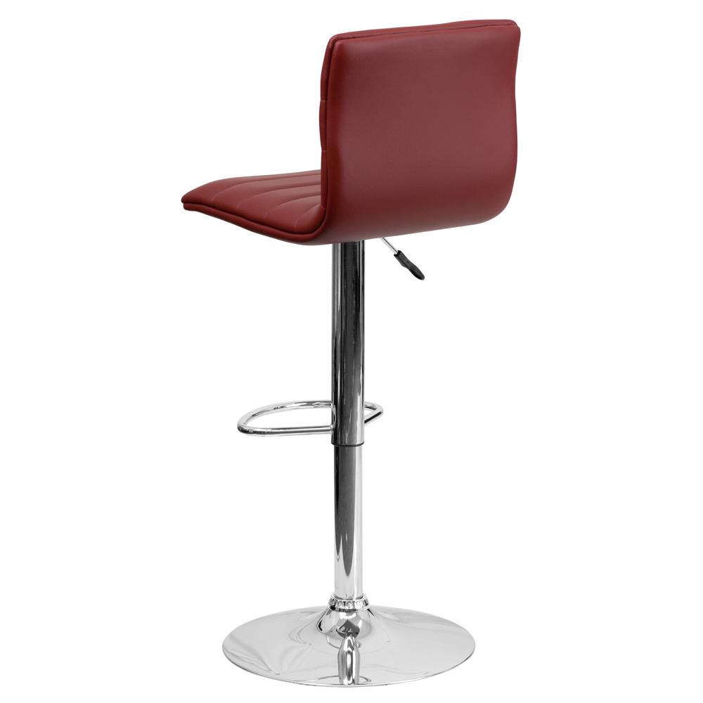 Modern Burgundy Vinyl Adjustable Bar Stool with Back, Counter Height Swivel Stool with Chrome Pedestal Base. Picture 4