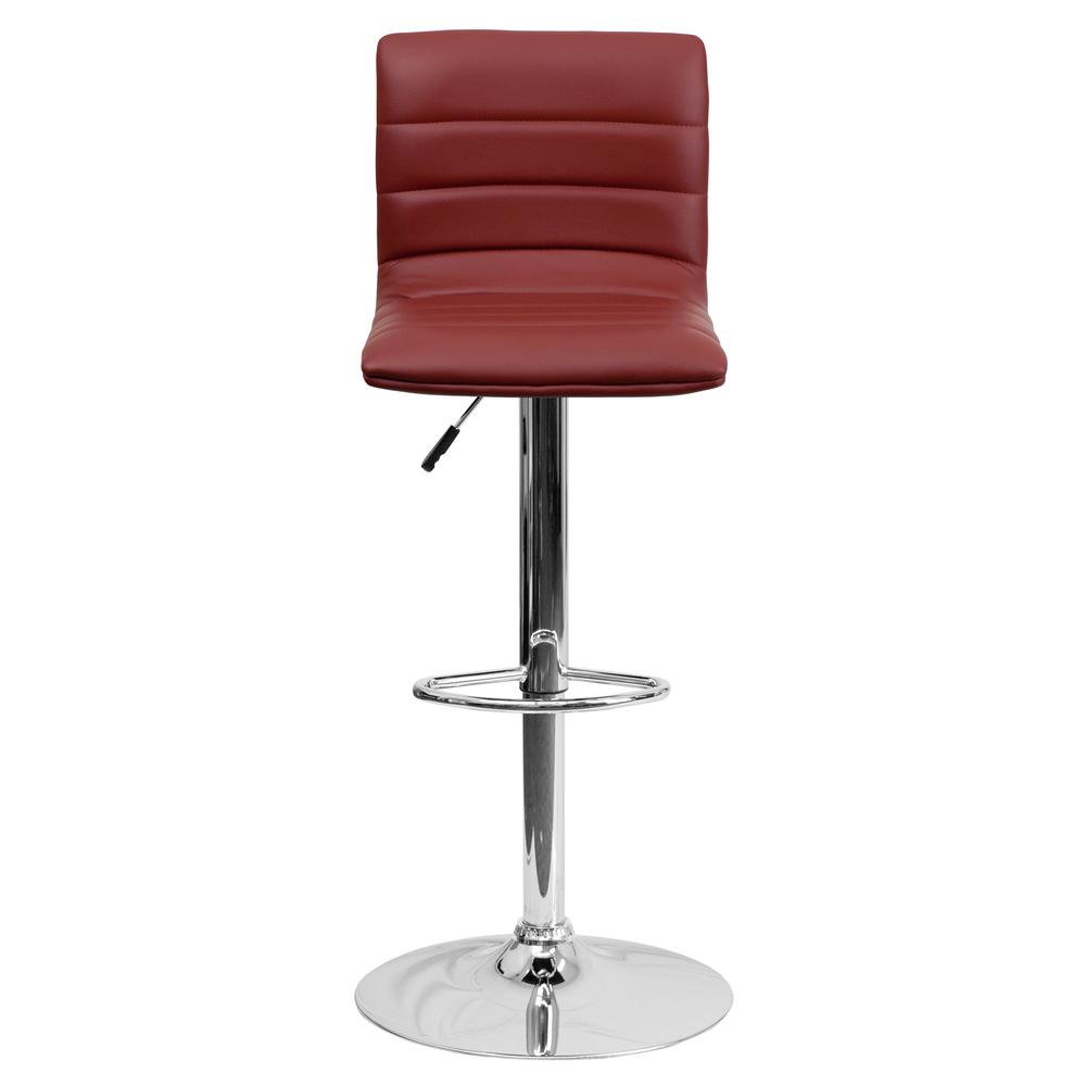 Modern Burgundy Vinyl Adjustable Bar Stool with Back, Counter Height Swivel Stool with Chrome Pedestal Base. Picture 5
