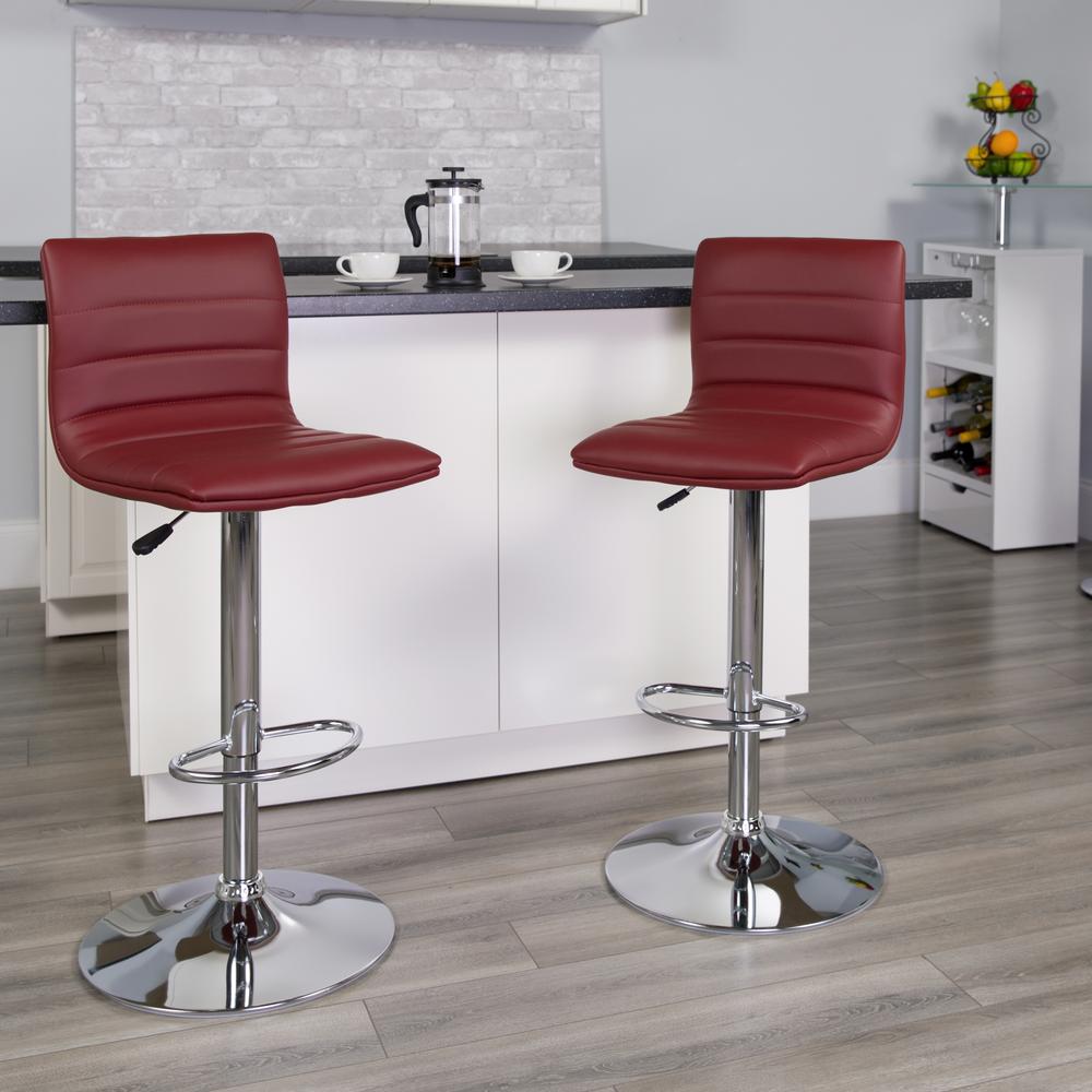 Modern Burgundy Vinyl Adjustable Bar Stool with Back, Counter Height Swivel Stool with Chrome Pedestal Base. Picture 6