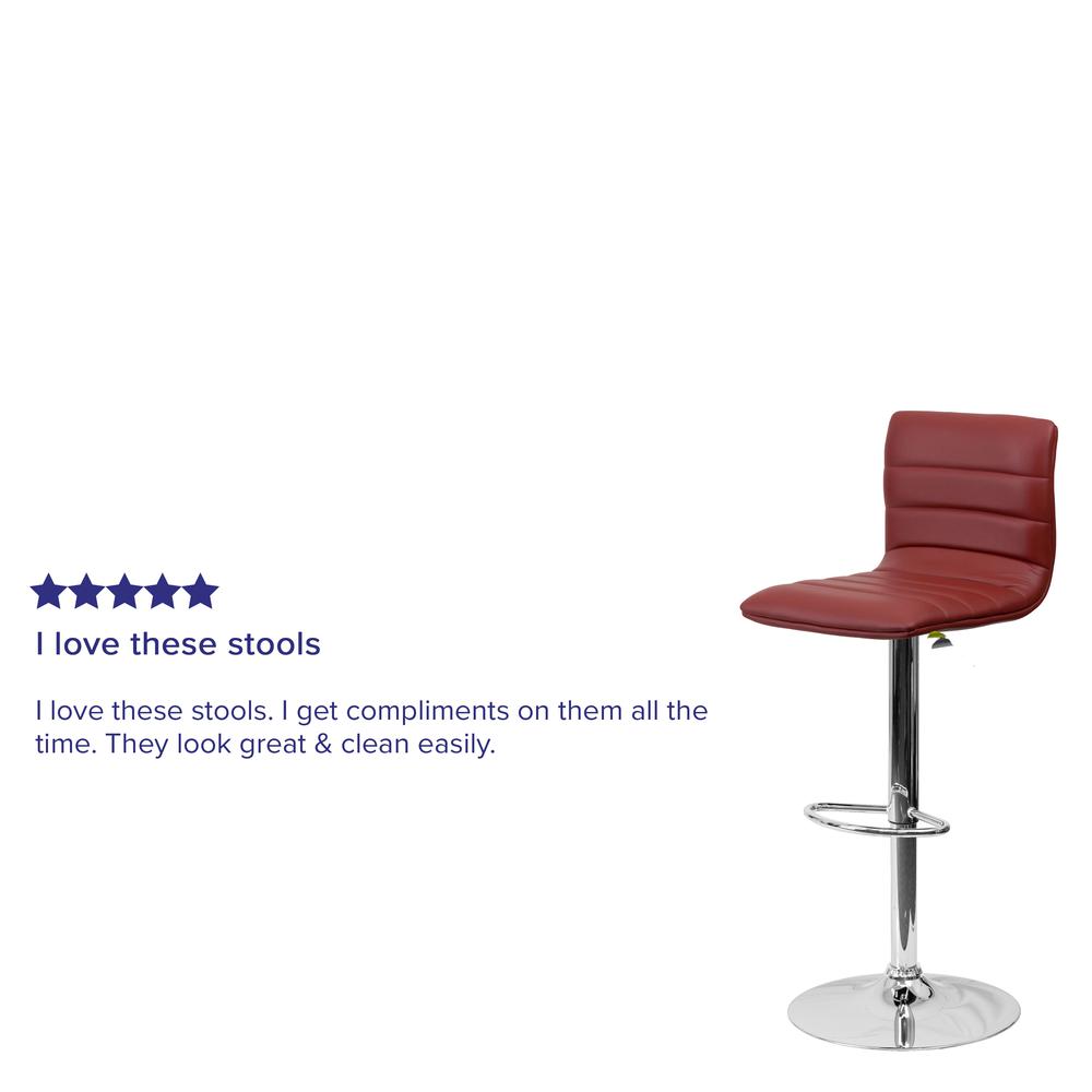 Modern Burgundy Vinyl Adjustable Bar Stool with Back, Counter Height Swivel Stool with Chrome Pedestal Base. Picture 7