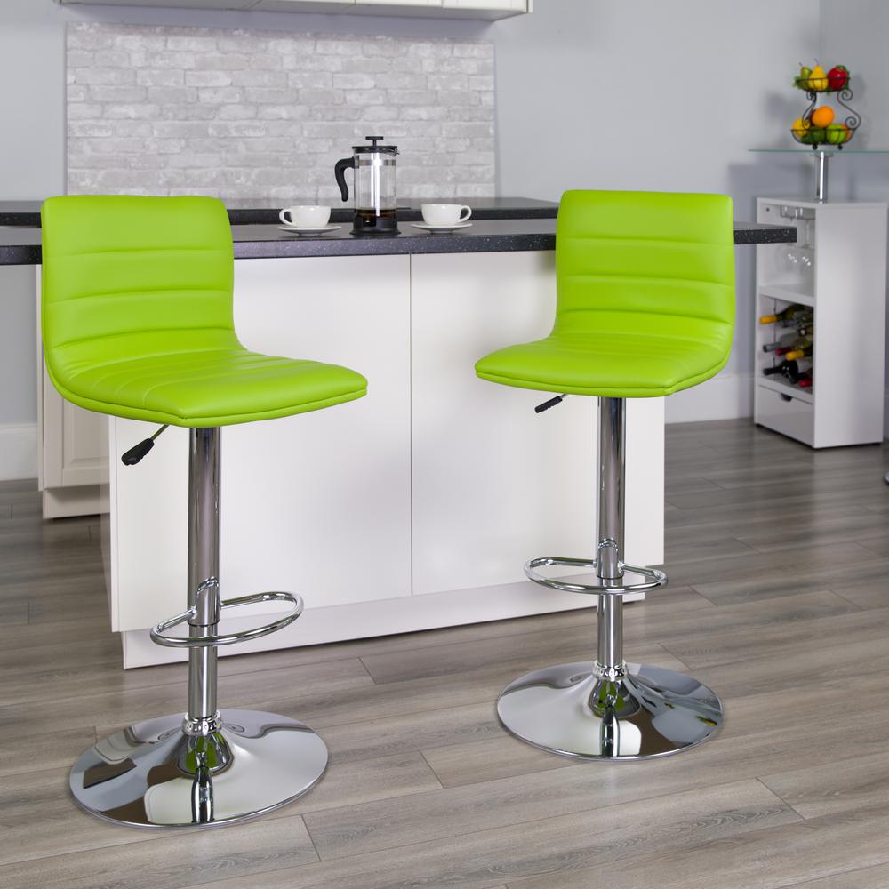 Modern Green Vinyl Adjustable Bar Stool with Back, Counter Height Swivel Stool with Chrome Pedestal Base. Picture 6