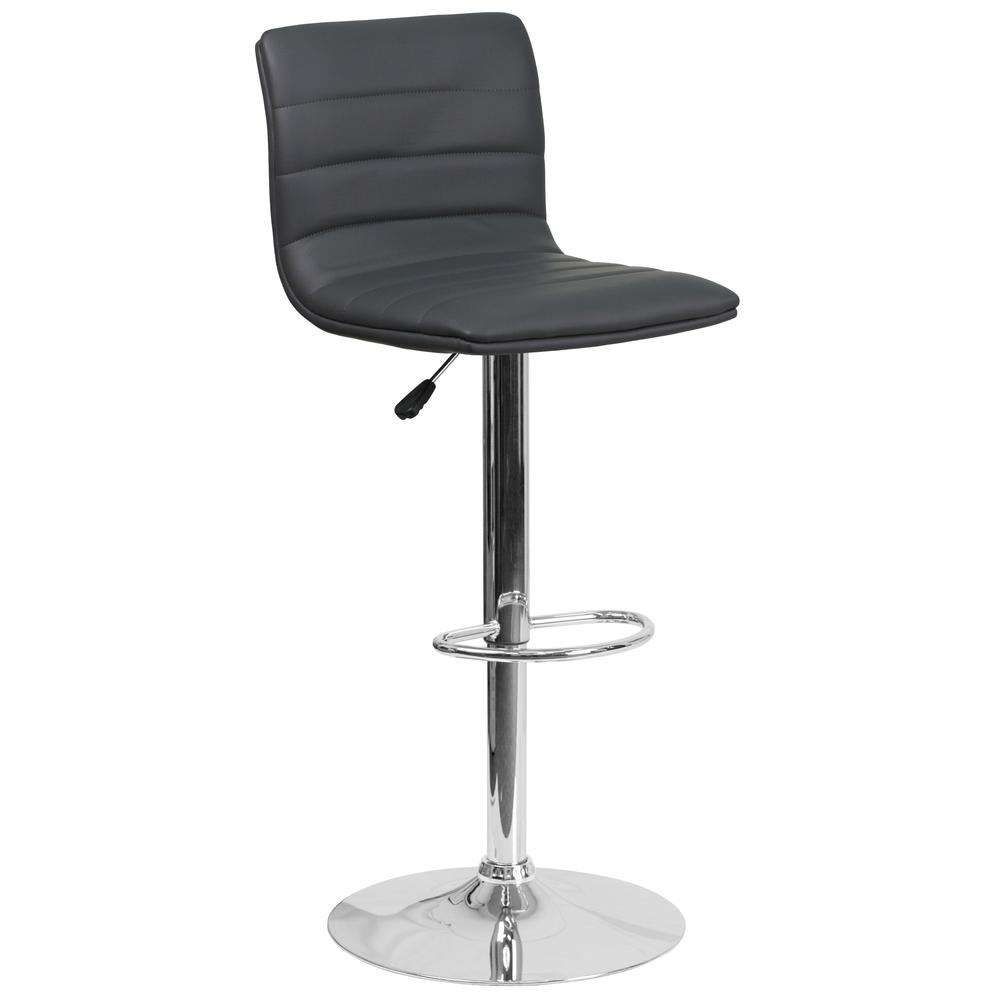 Modern Gray Vinyl Adjustable Bar Stool with Back, Counter Height Swivel Stool with Chrome Pedestal Base. Picture 1