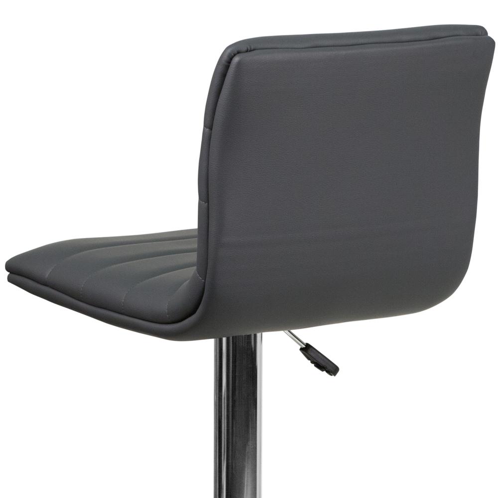 Modern Gray Vinyl Adjustable Bar Stool with Back, Counter Height Swivel Stool with Chrome Pedestal Base. Picture 7